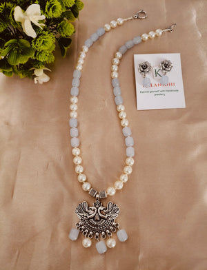 Sea Blue Beads with Pearl Necklace