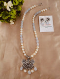 Sea Blue Beads with Pearl Necklace